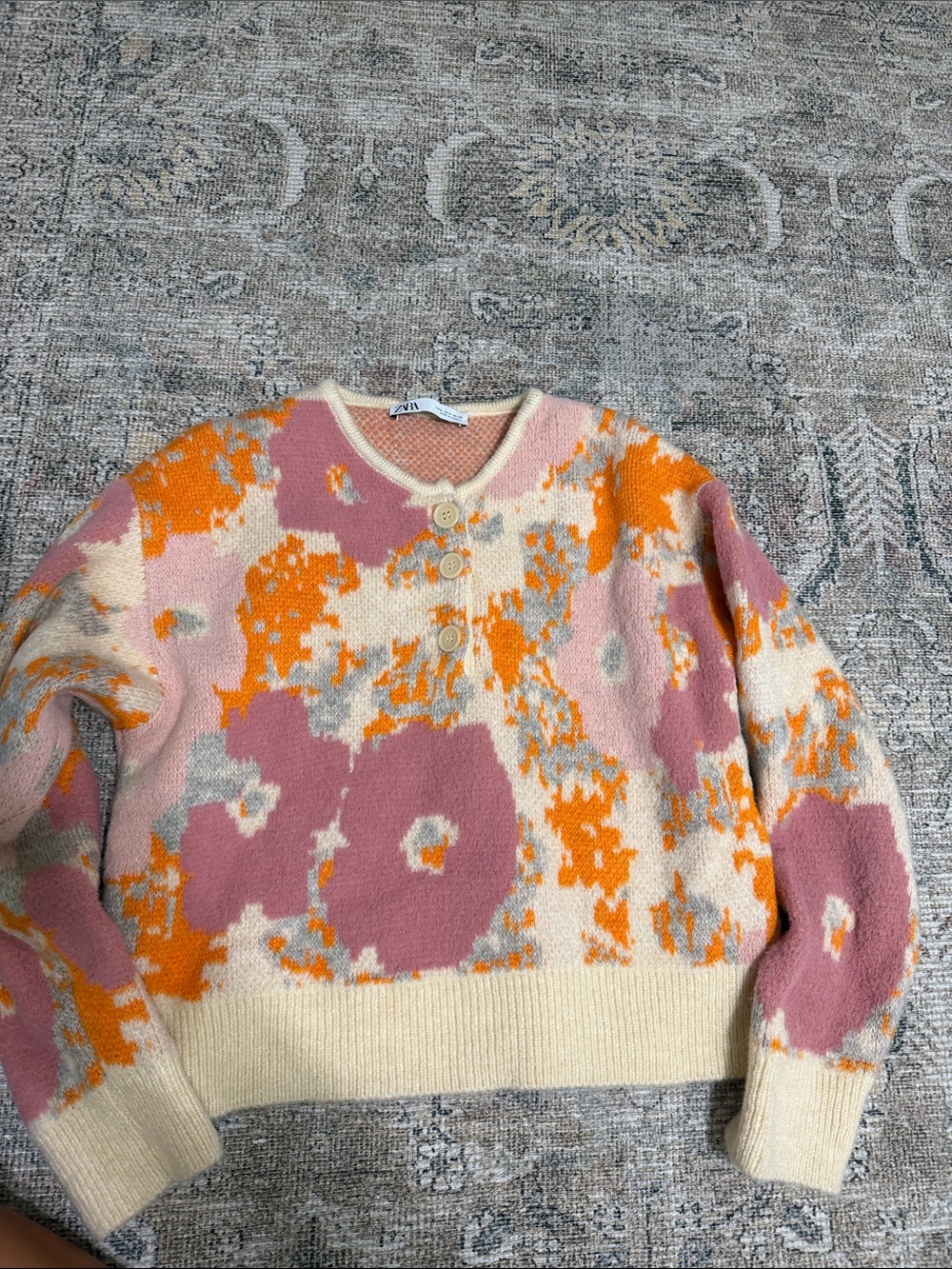 Zara Cream Pink & Orange Floral-Pattern Button-Neck Sweater